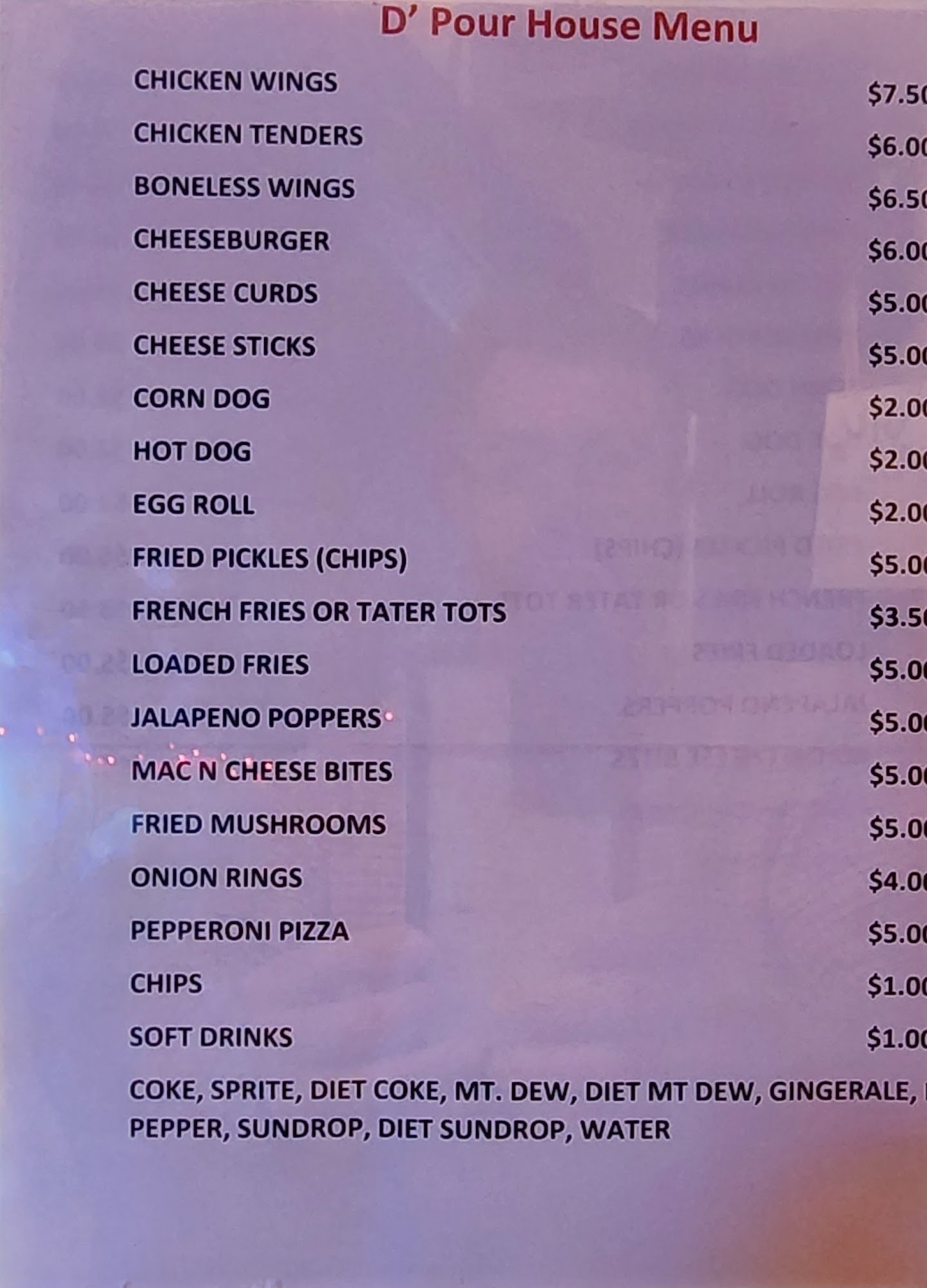 D'Pour House Menu