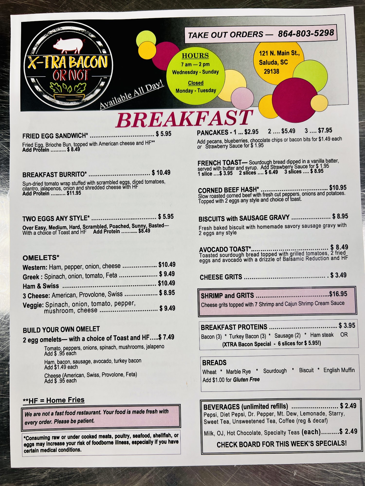 Xtra Bacon or Not Menu