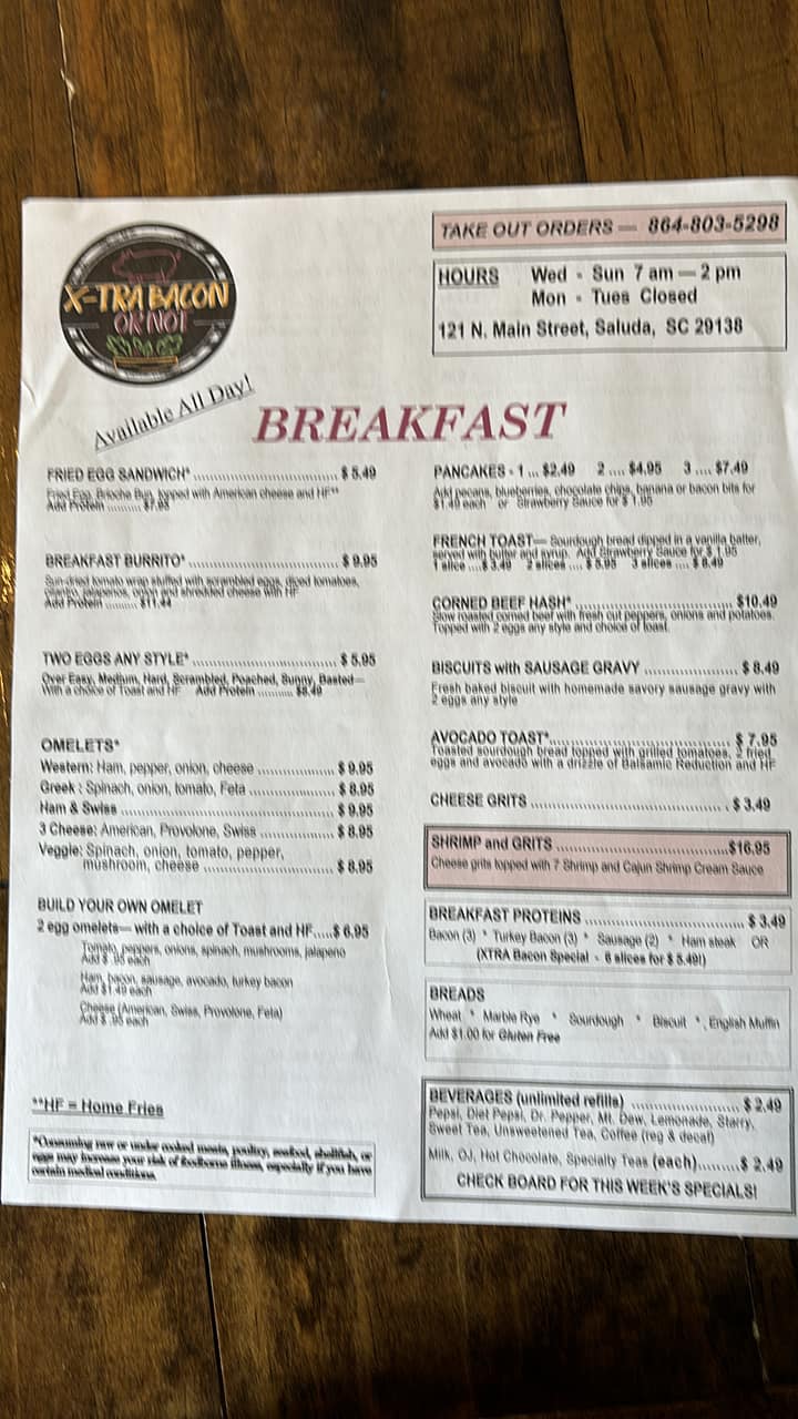 Xtra Bacon or Not Menu