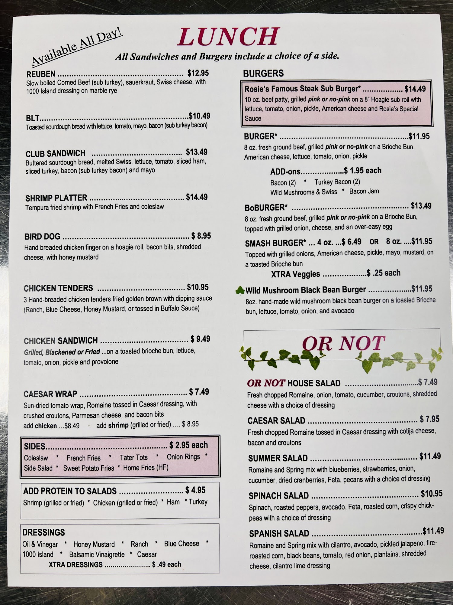 Xtra Bacon or Not Menu