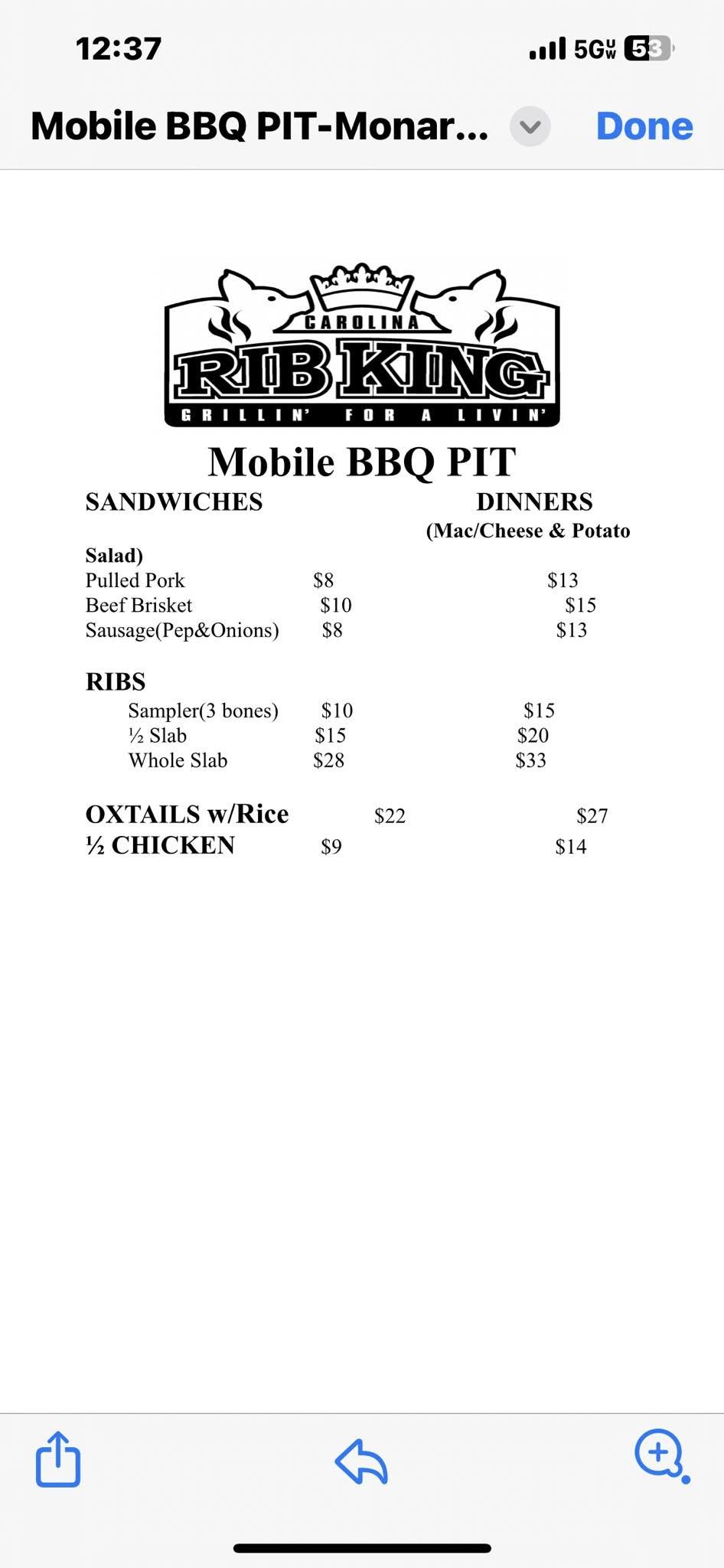 Carolina Rib King Menu