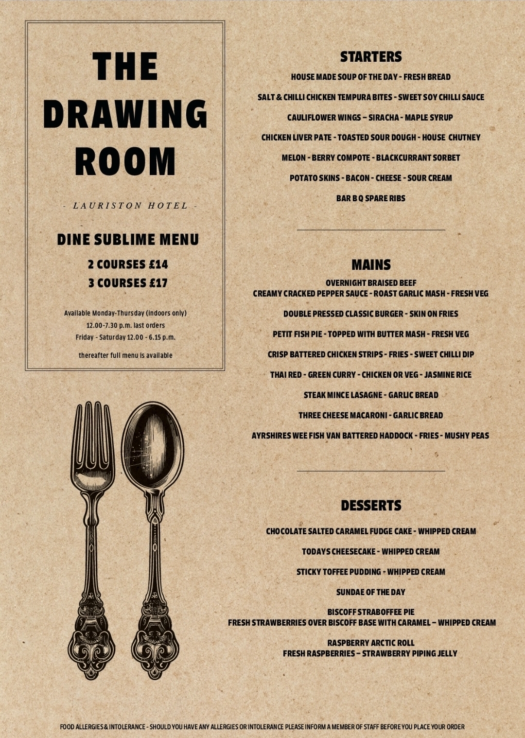 The Drawing Room Restaurant & Bar Menu