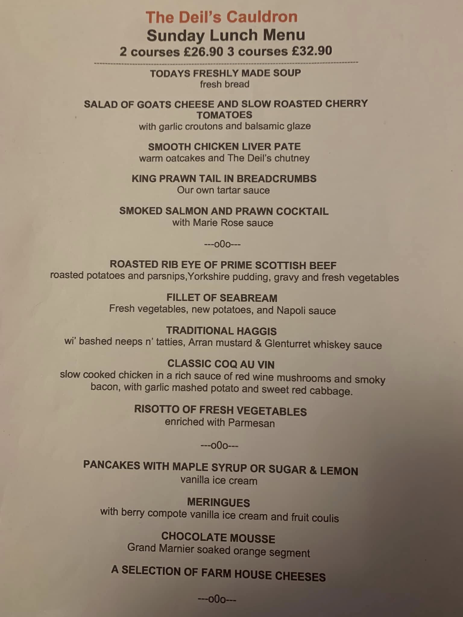 Deils Cauldron Menu