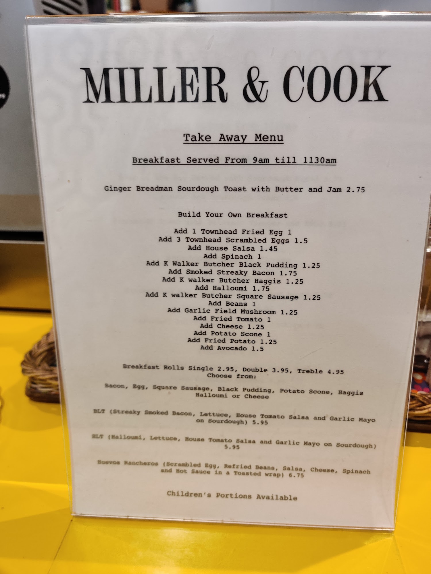 Miller and Cook Menu