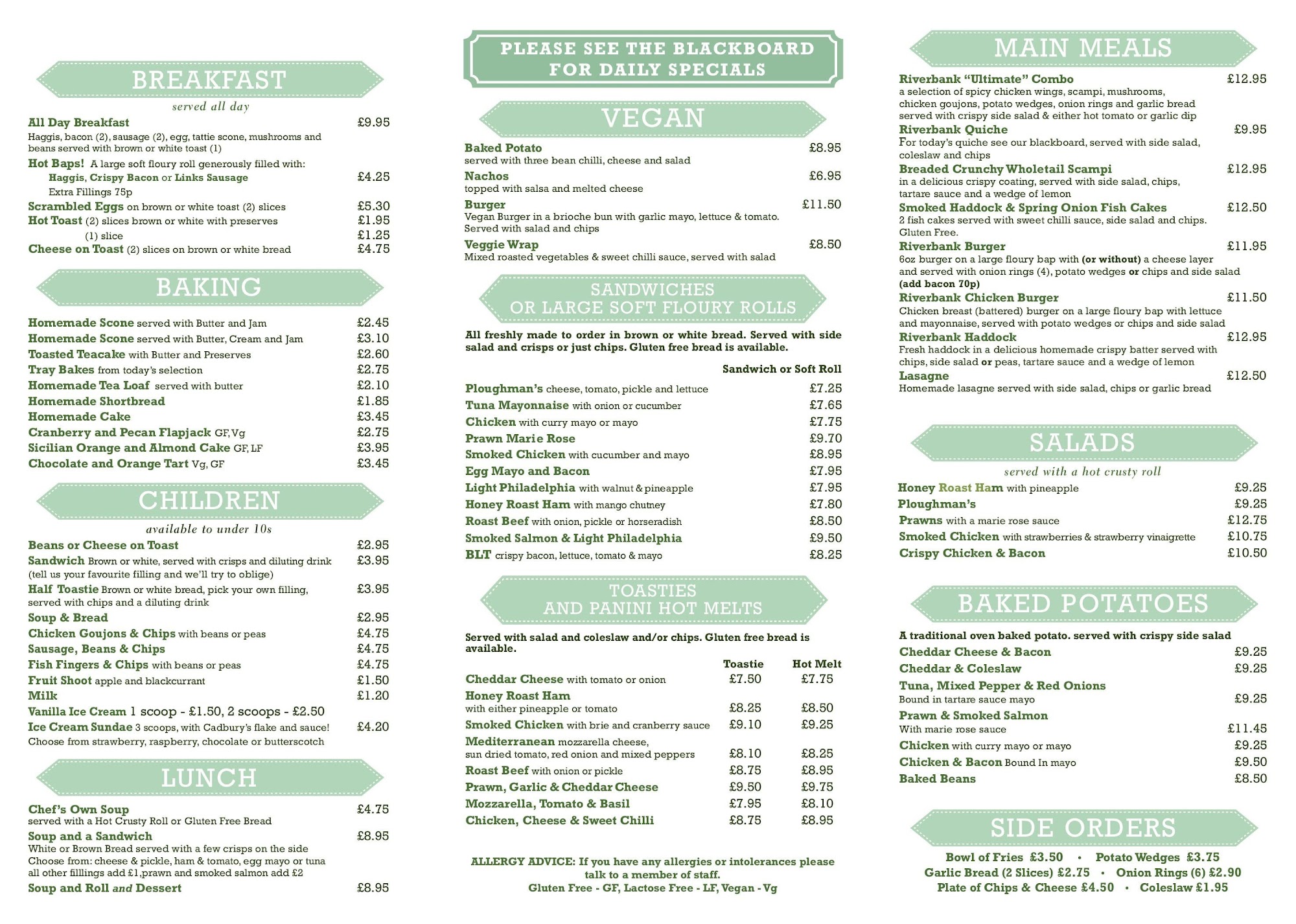 The Riverbank Restaurant Menu