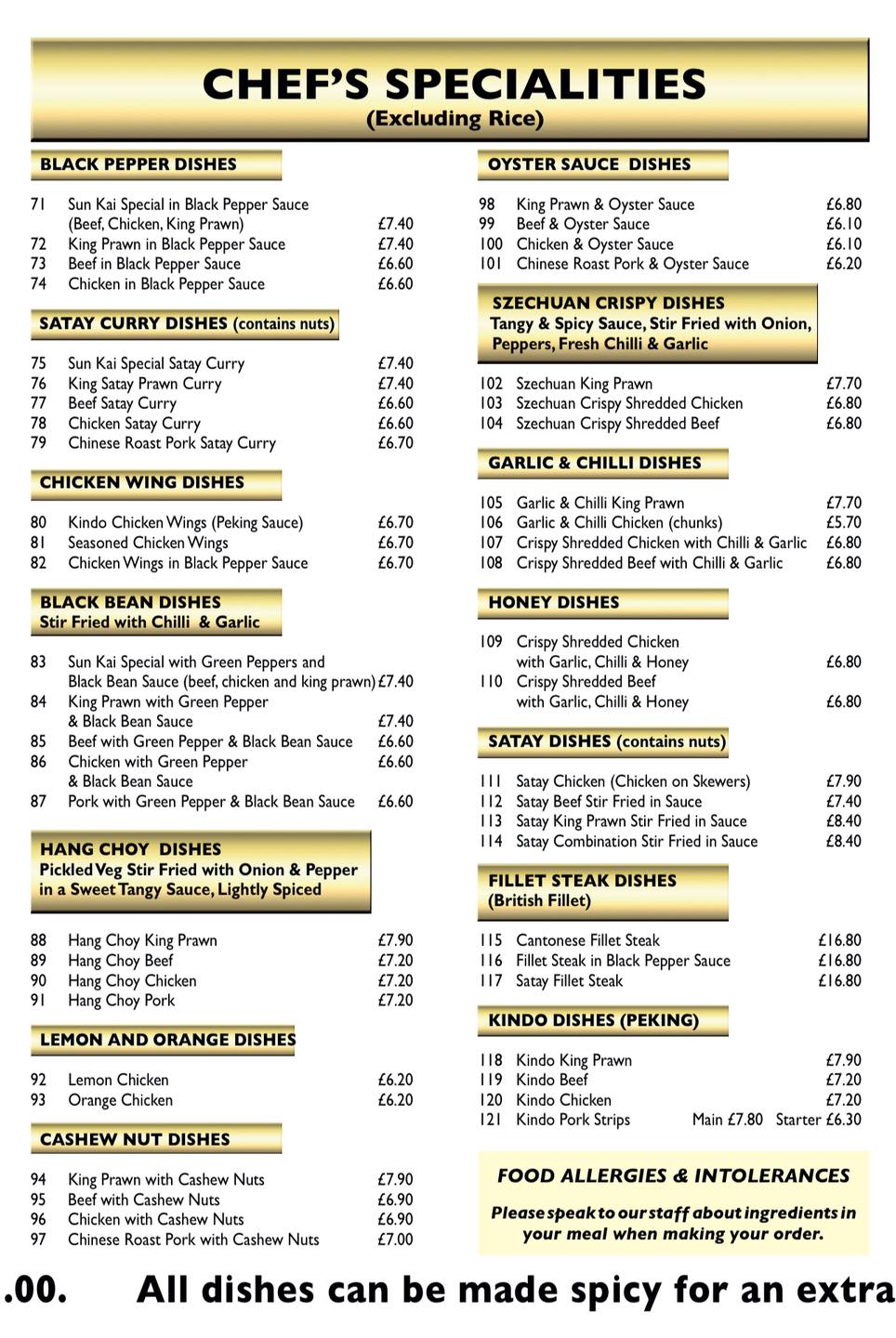 Sunkai Chinese Takeaway Menu
