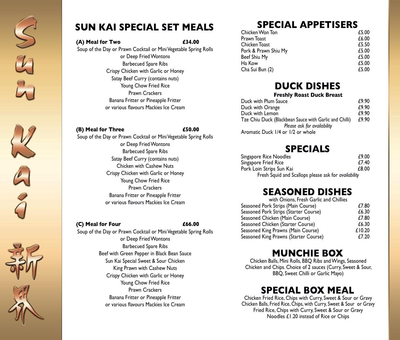 Sunkai Chinese Takeaway Menu