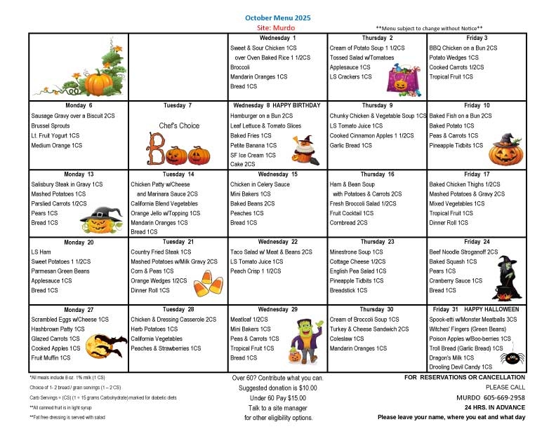 Butte County Meals on Wheels Menu