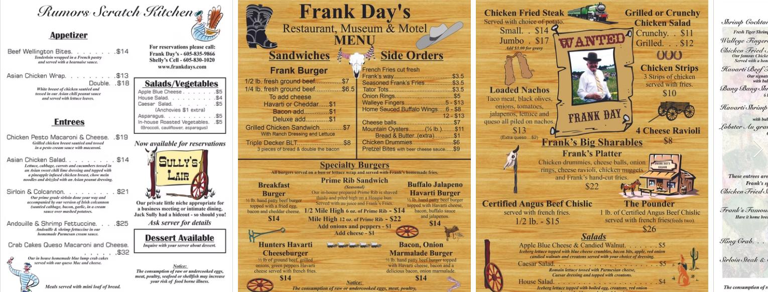 Frank Day's Menu