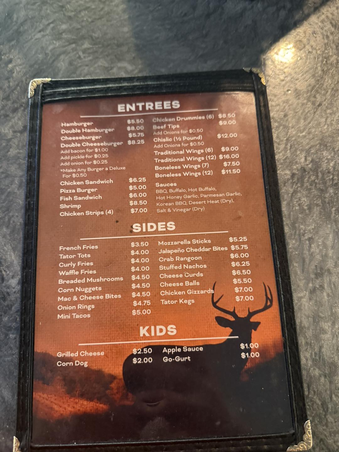 Sandy's Bar Menu