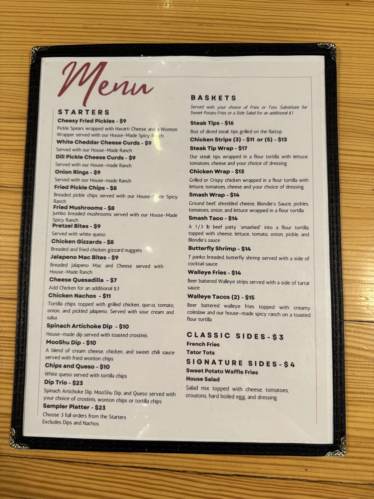 Blondie's Tables & Taps Menu