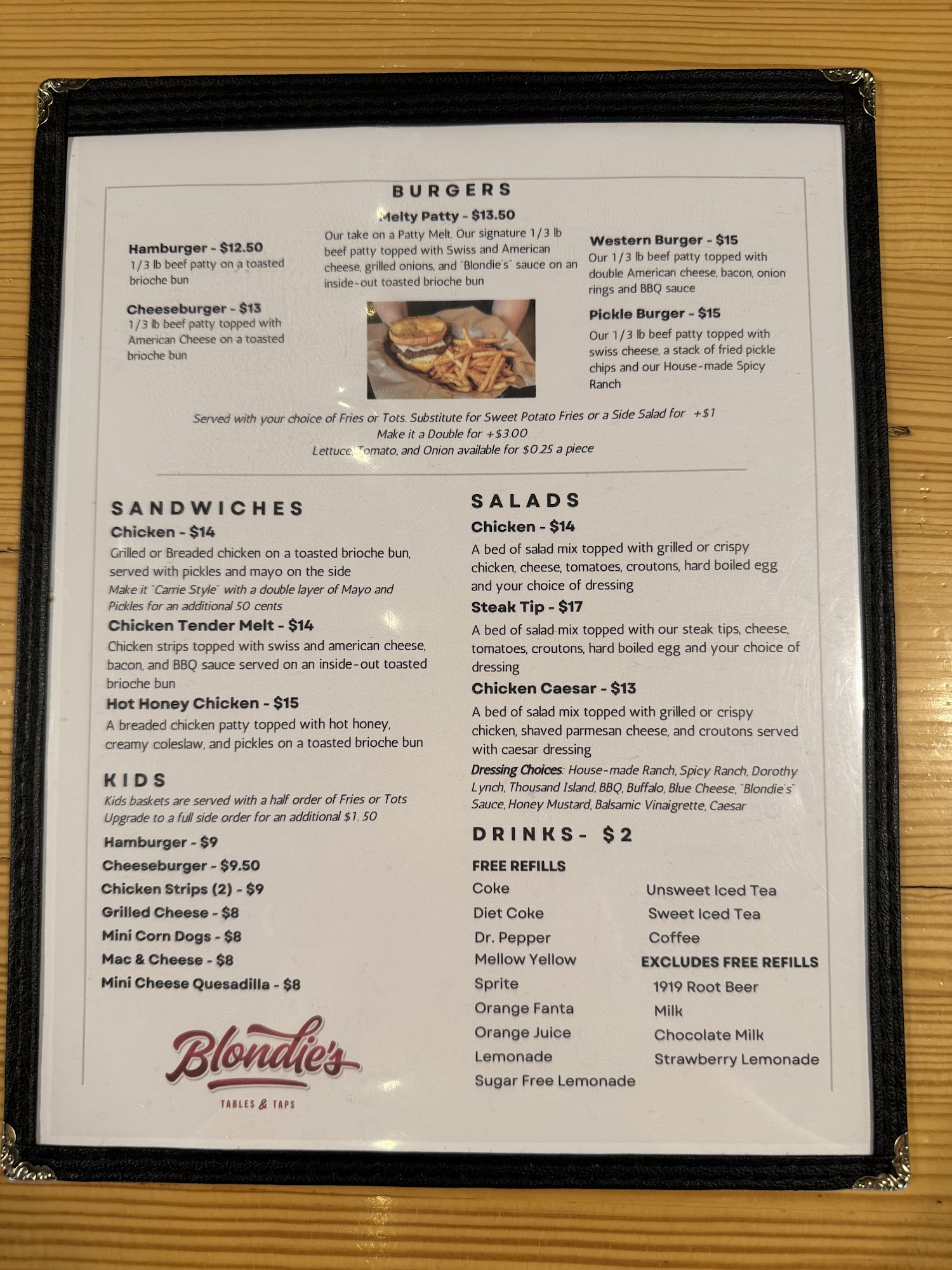 Blondie's Tables & Taps Menu