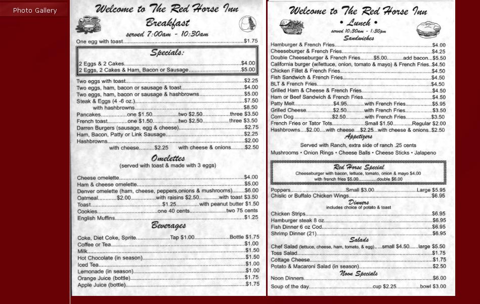 Red Horse Inn Restaurant Menu