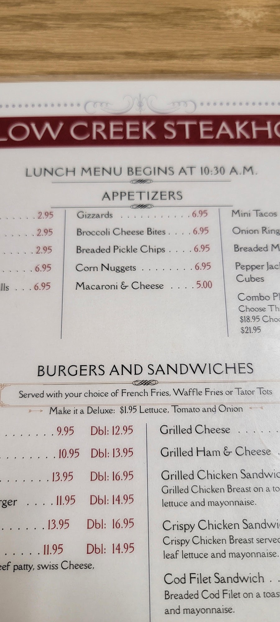 Willow Creek Steakhouse Menu