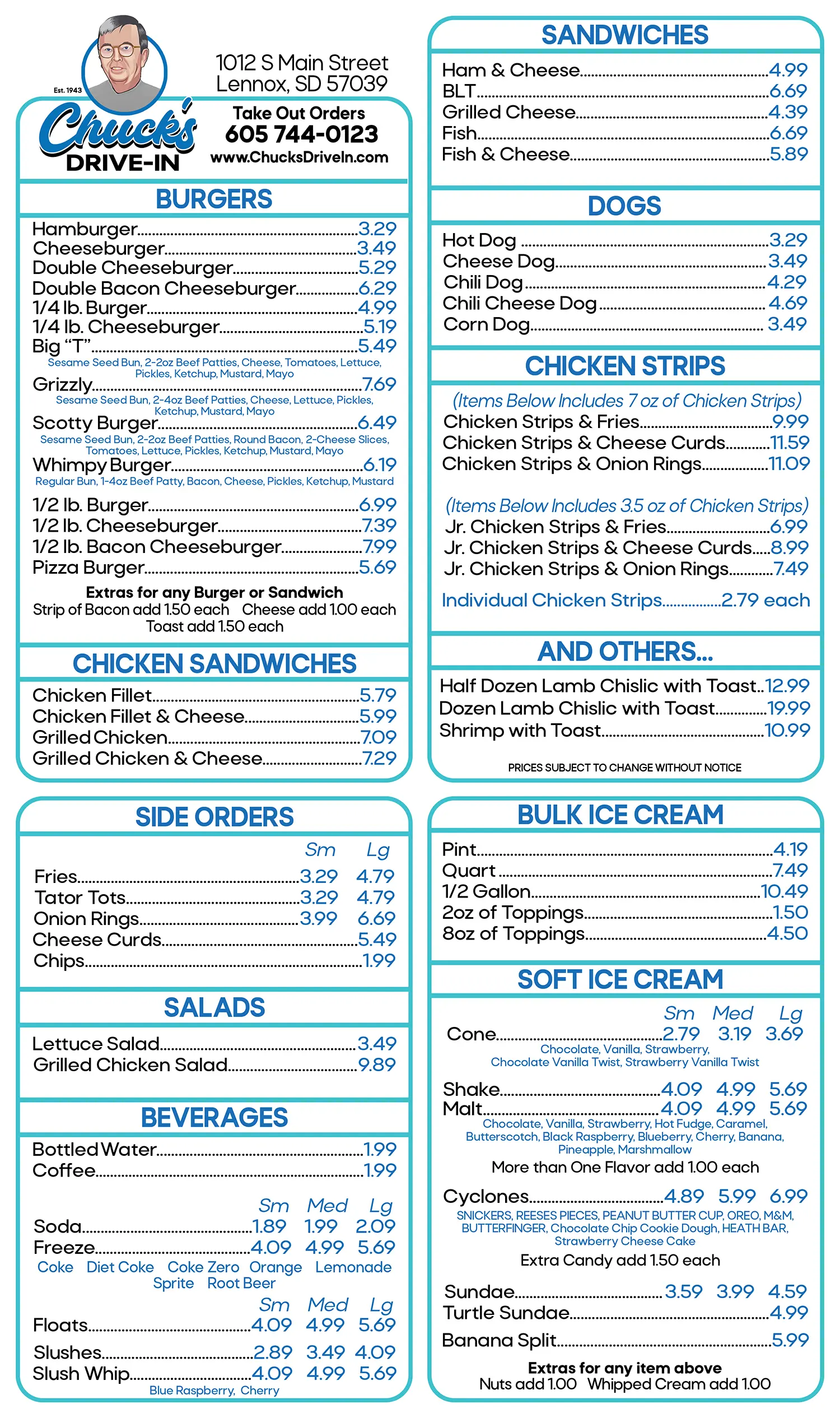 Chuck's Drive-In Menu