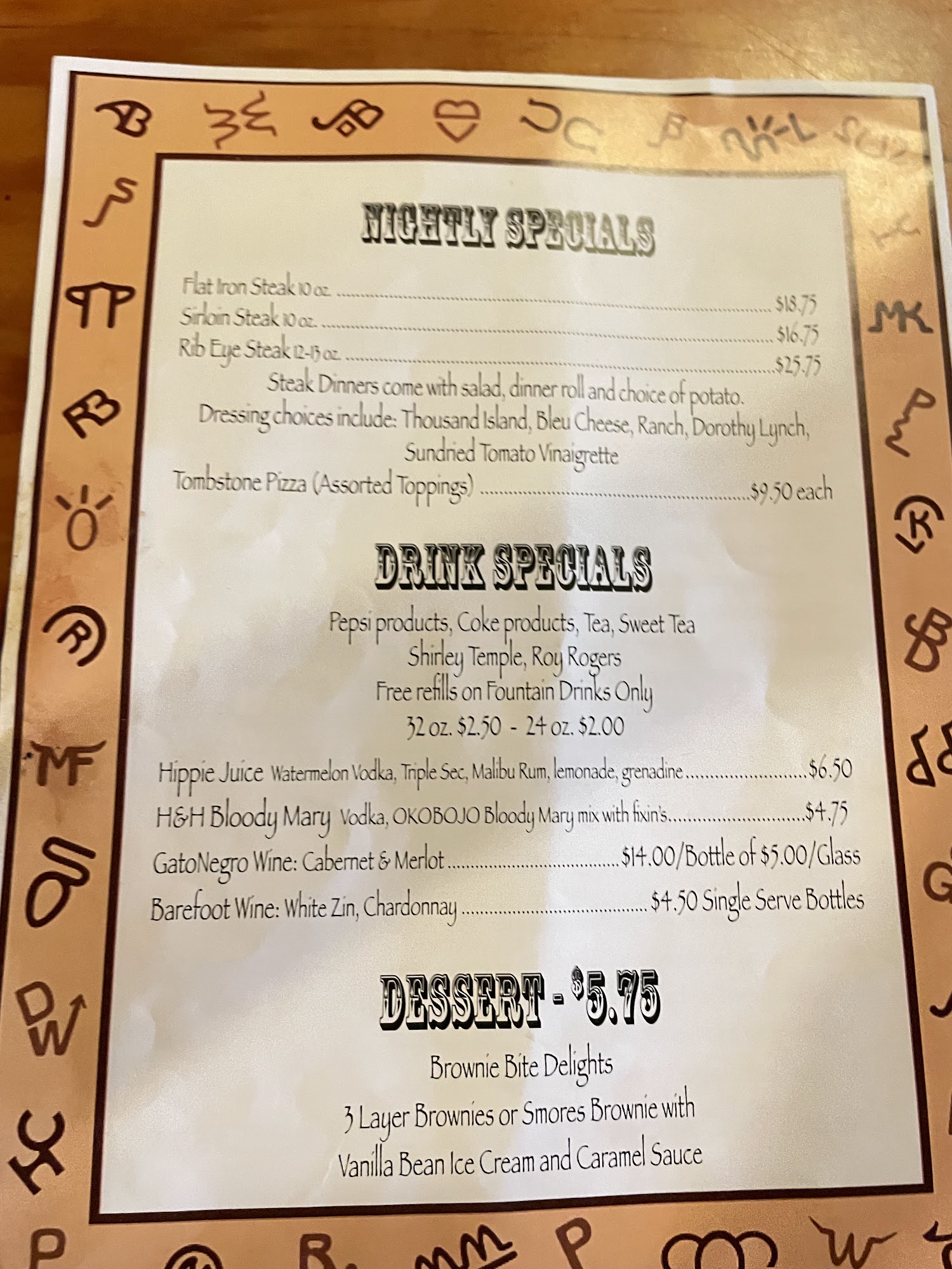 H & H Bar Menu