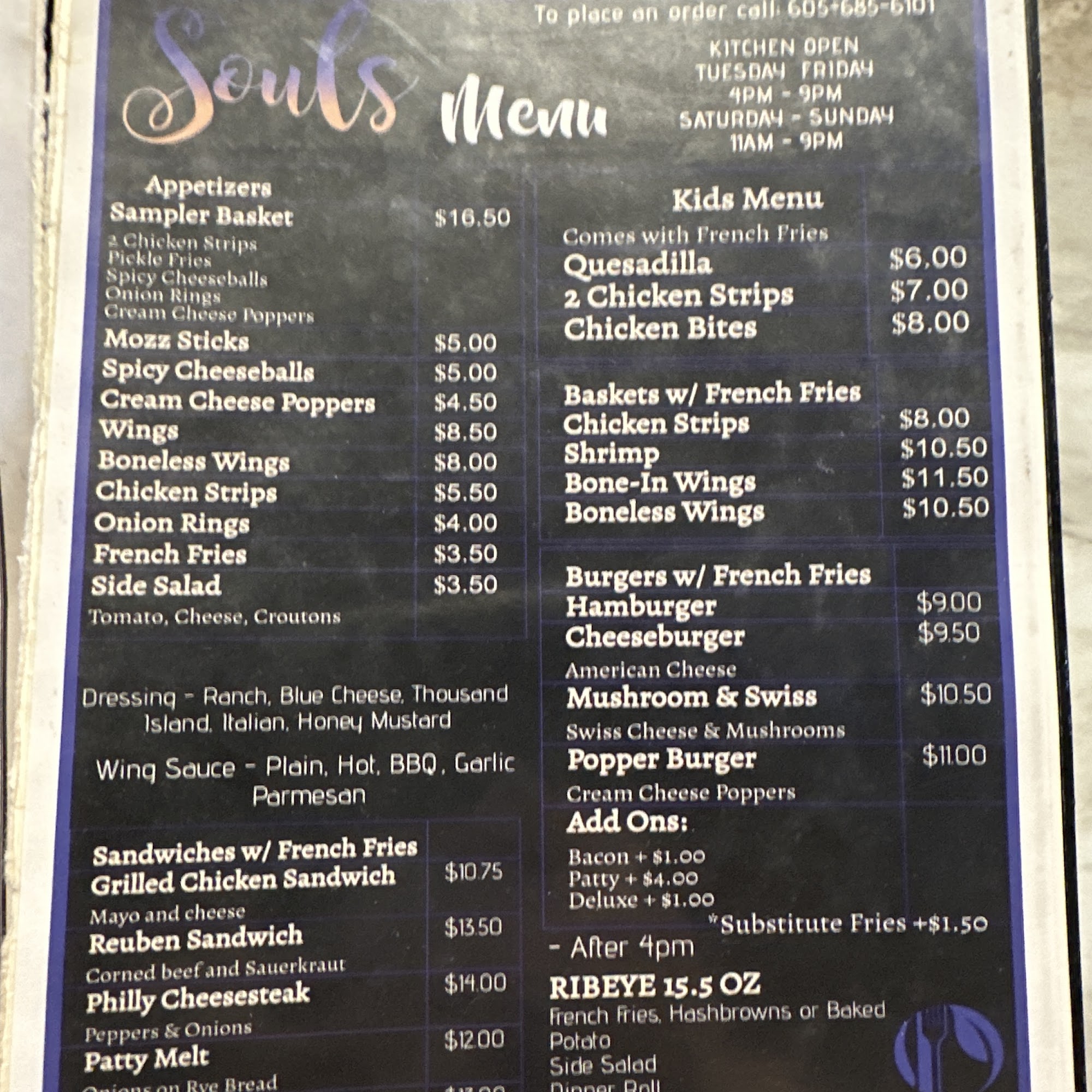 Souls Restaurant Menu