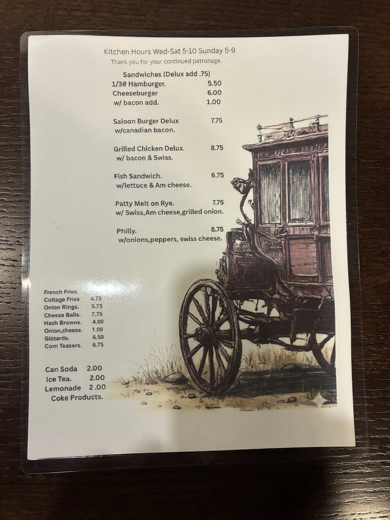Oldham Saloon Menu
