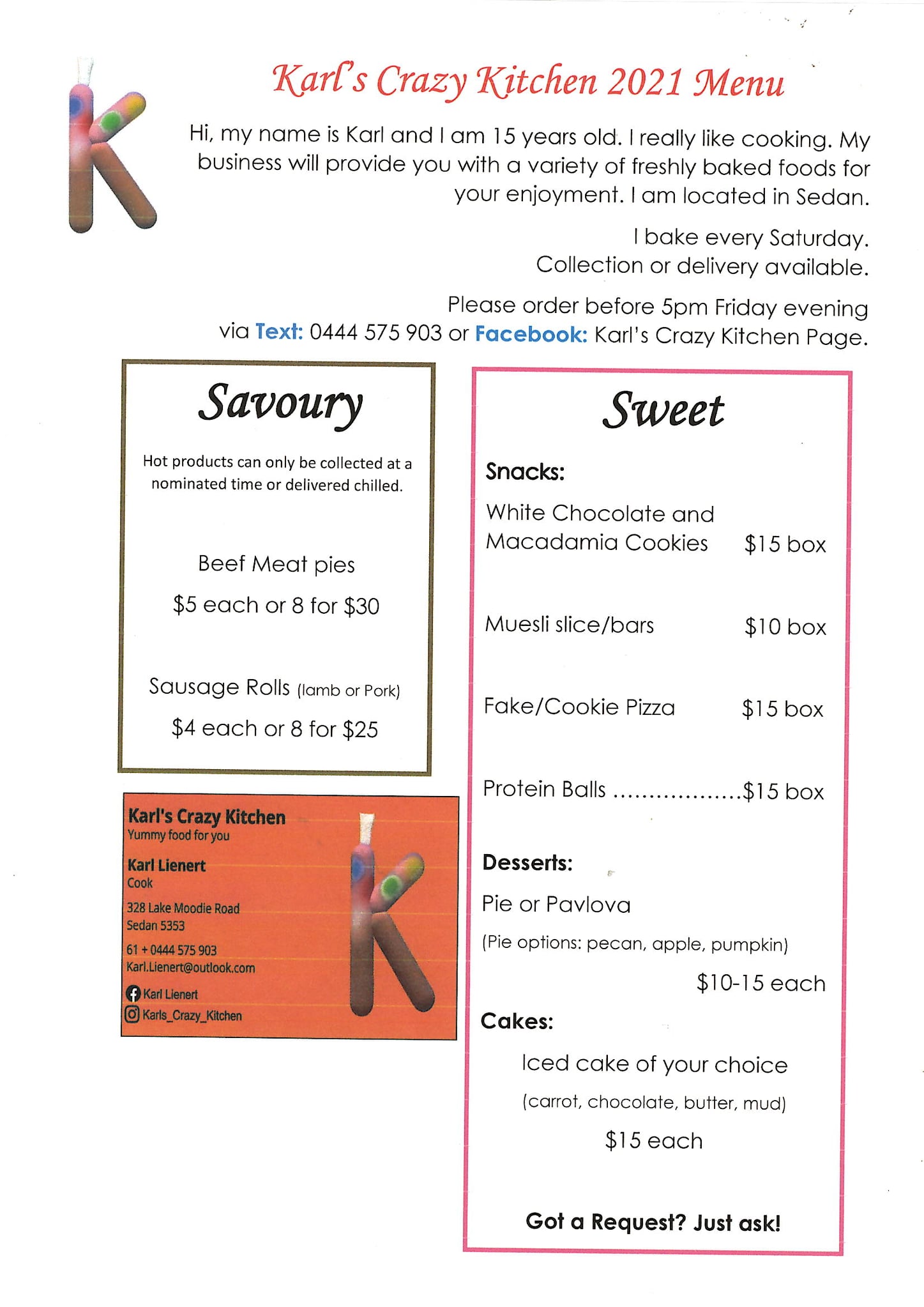 Carl's Crazy Kitchen Menu