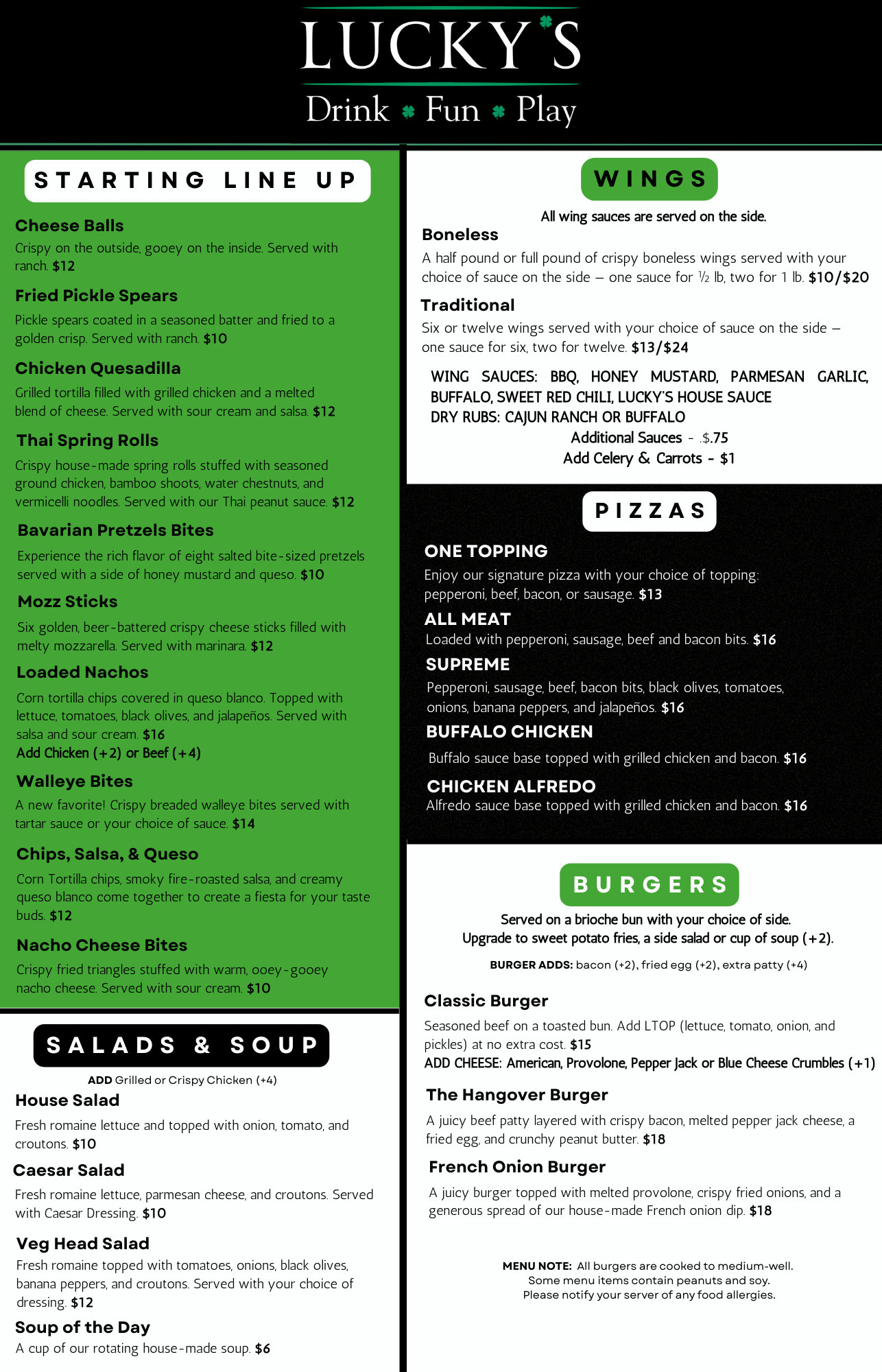 Lucky's on Louise Menu