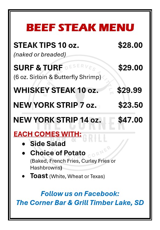 The Corner Bar & Grill Menu