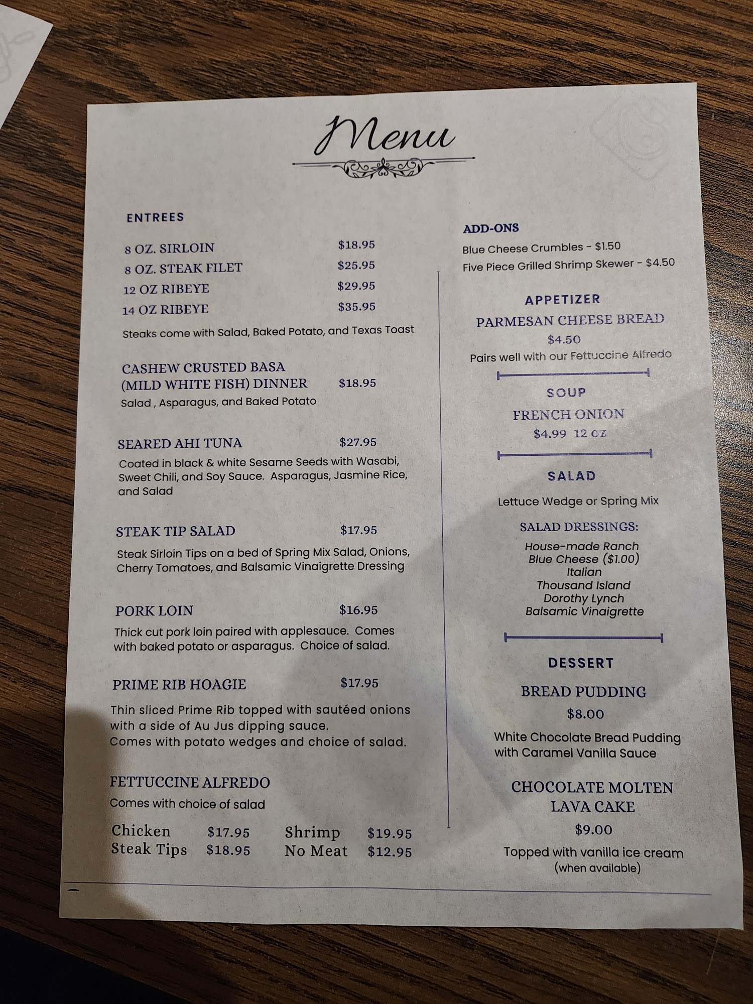 Levee Street Steak and Lounge Menu