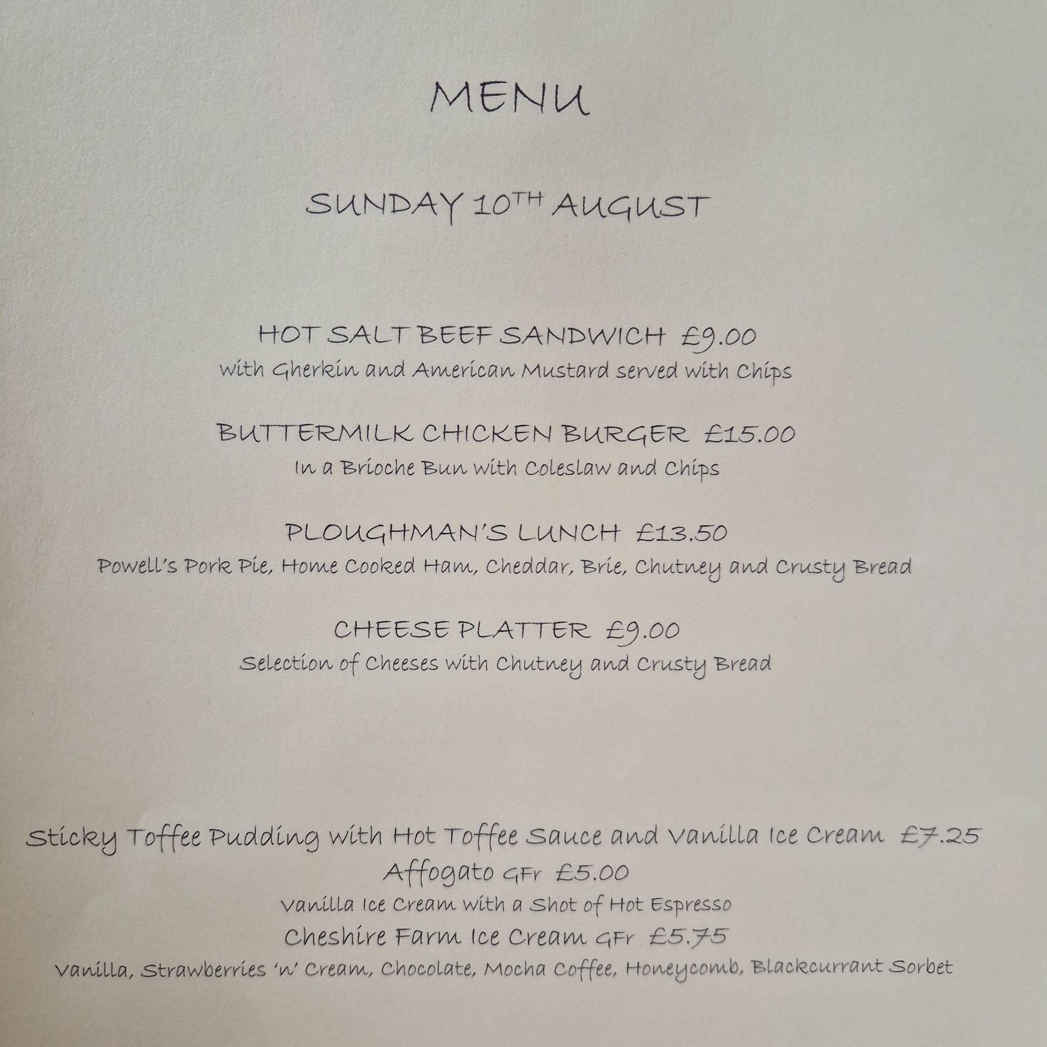 The Stanton Arms Menu