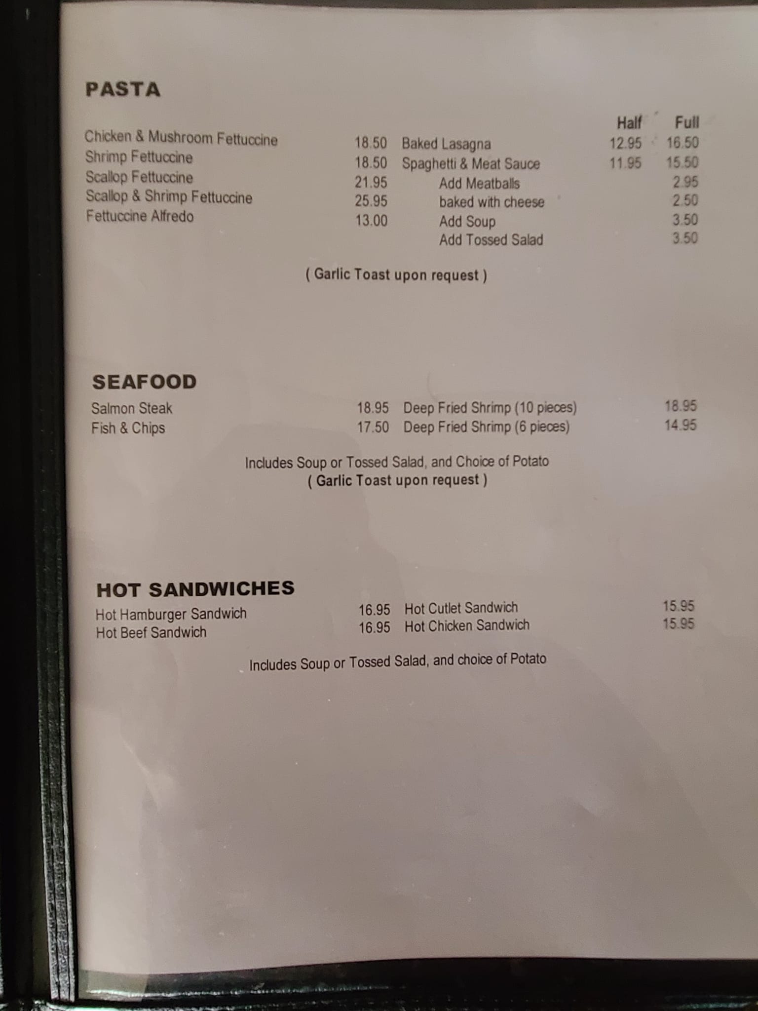 Tony's Place Menu