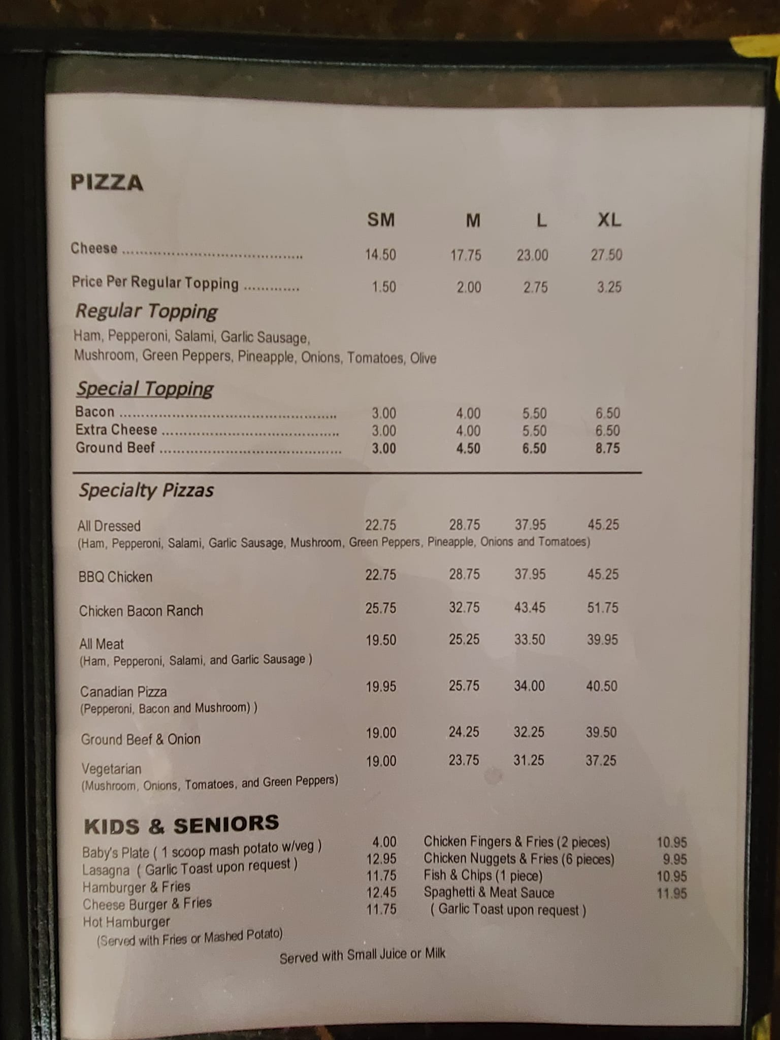 Tony's Place Menu