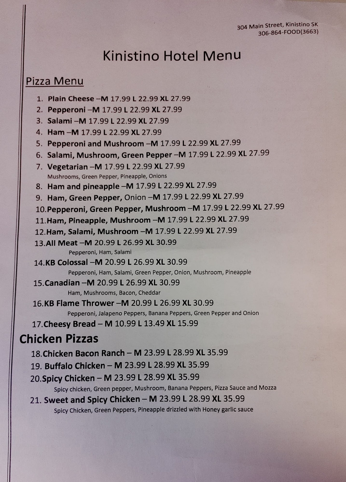 Kinistino Hotel Menu