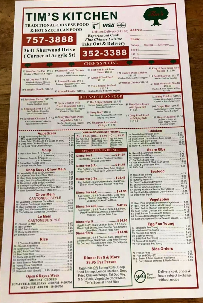 Tim's Kitchen Menu