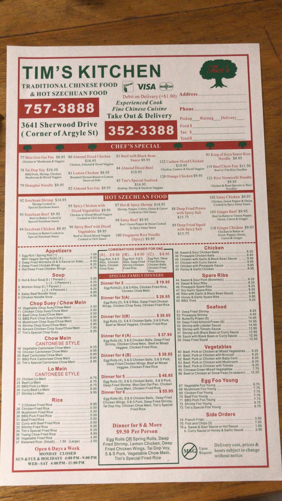 Tim's Kitchen Menu