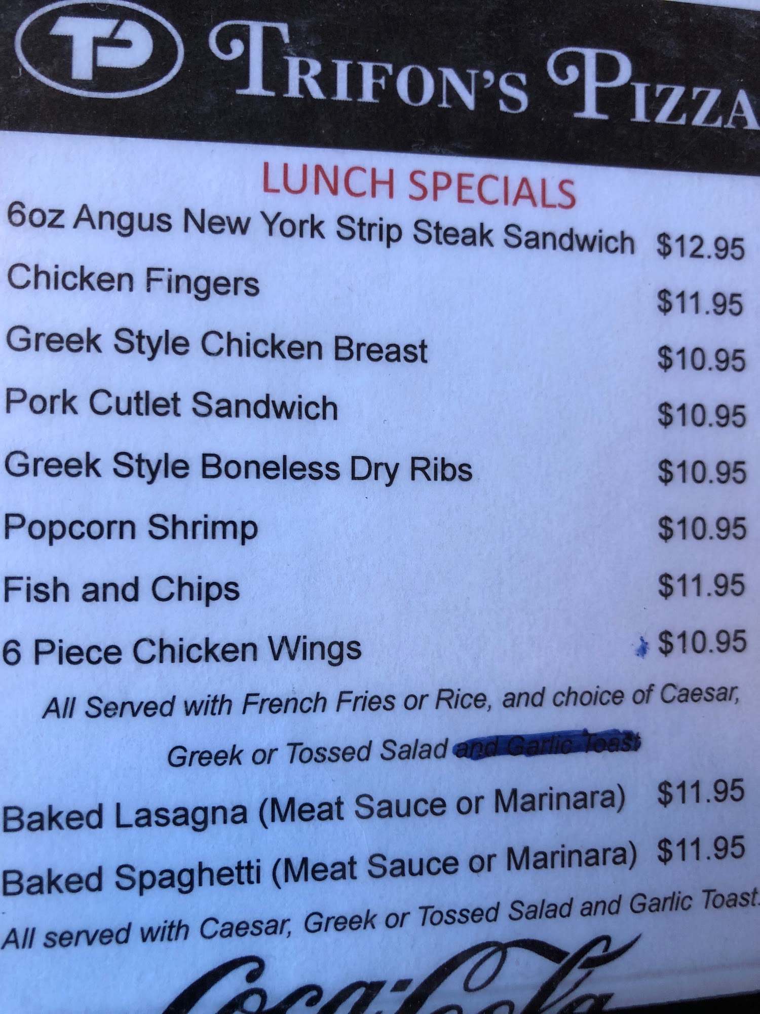 Trifon's Pizza Menu