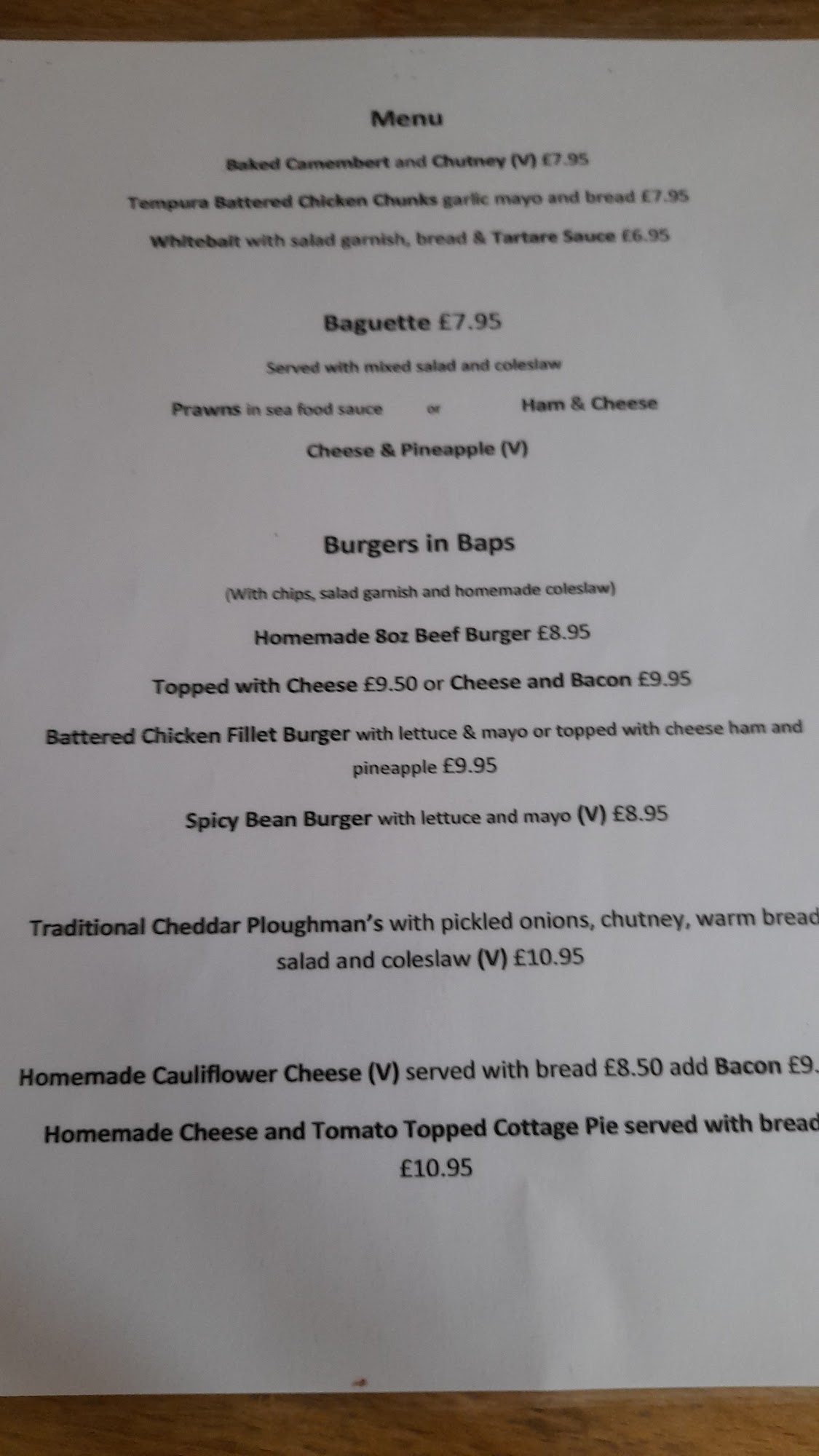 The Lamb At Weare Menu