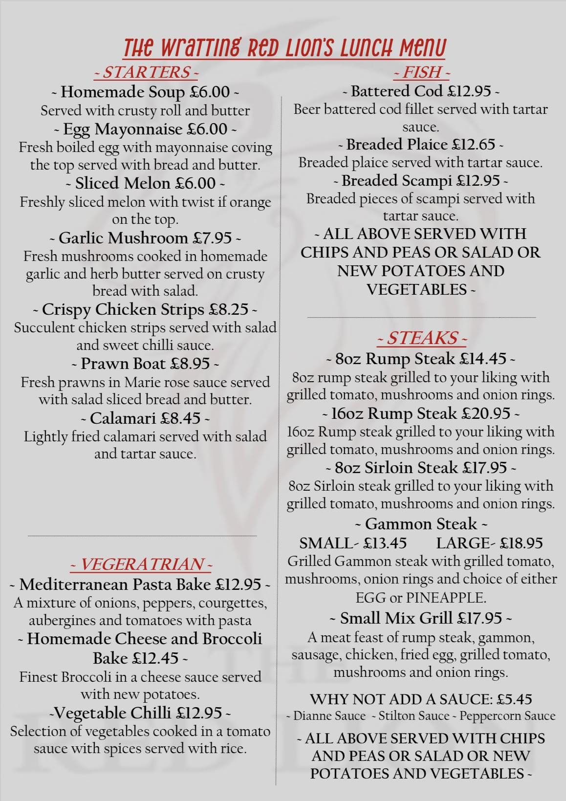 Evan Family Inns Menu