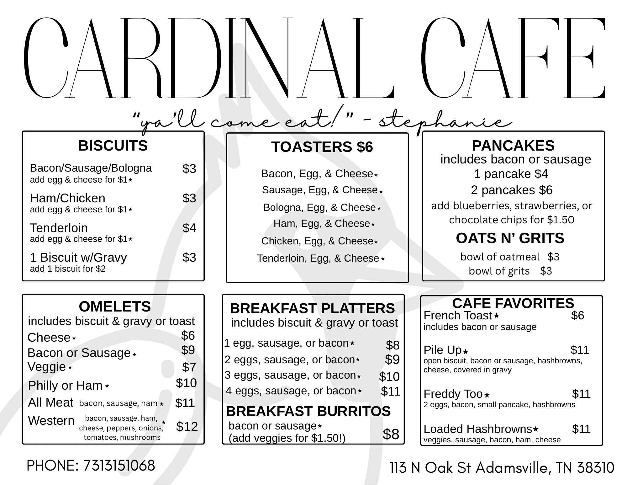 The Cardinal Cafe Menu