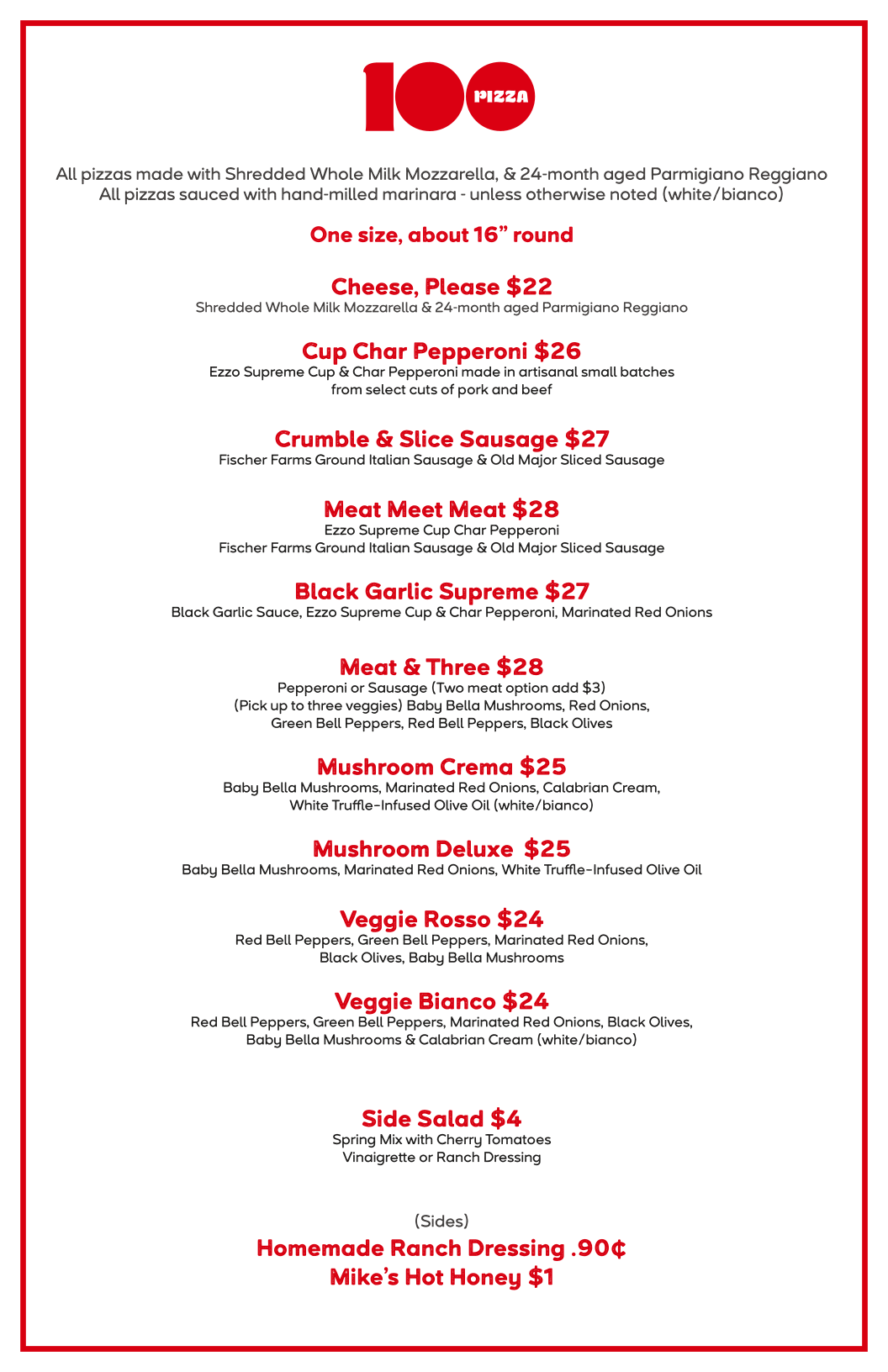 100 Pizza Menu