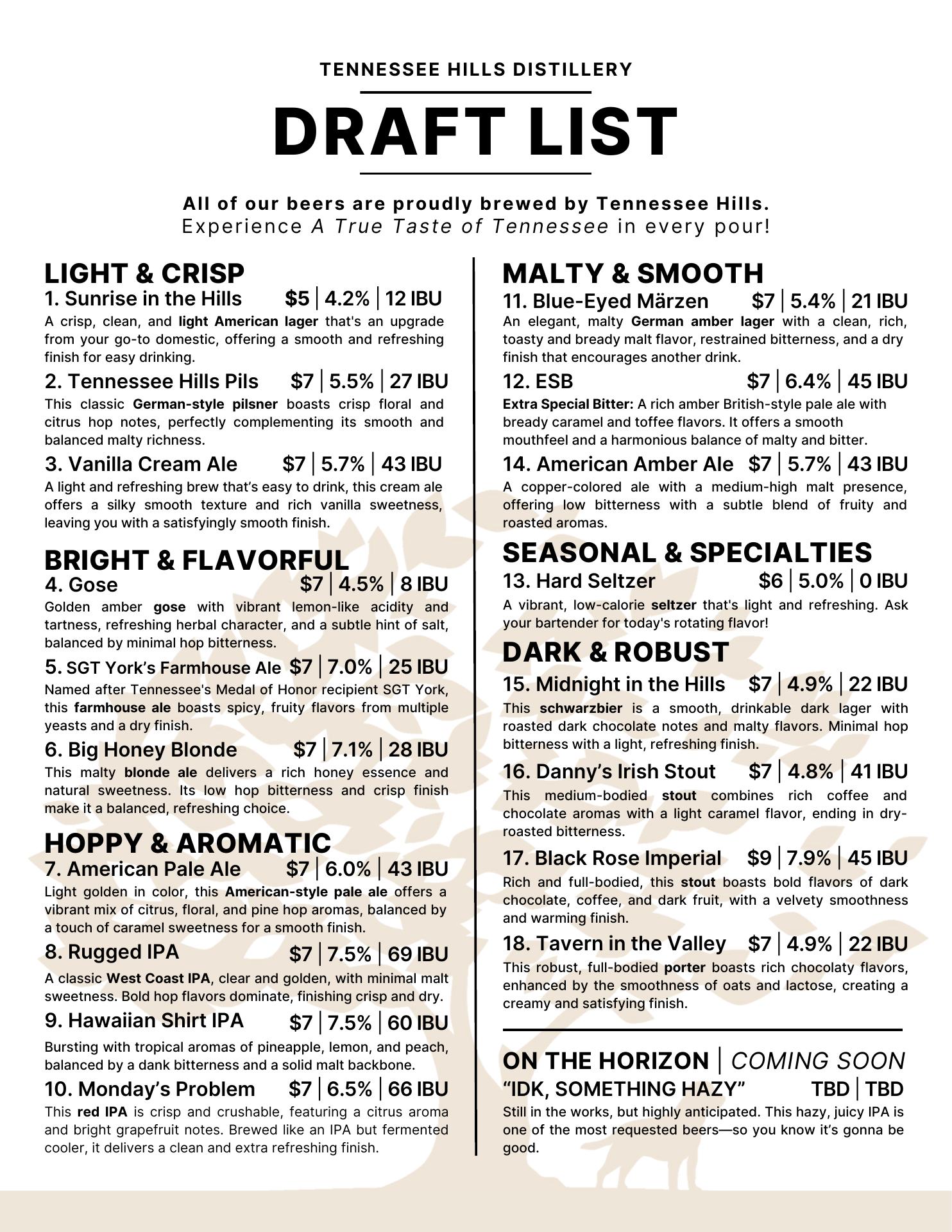 Tennessee Hills Distillery - Bristol Menu