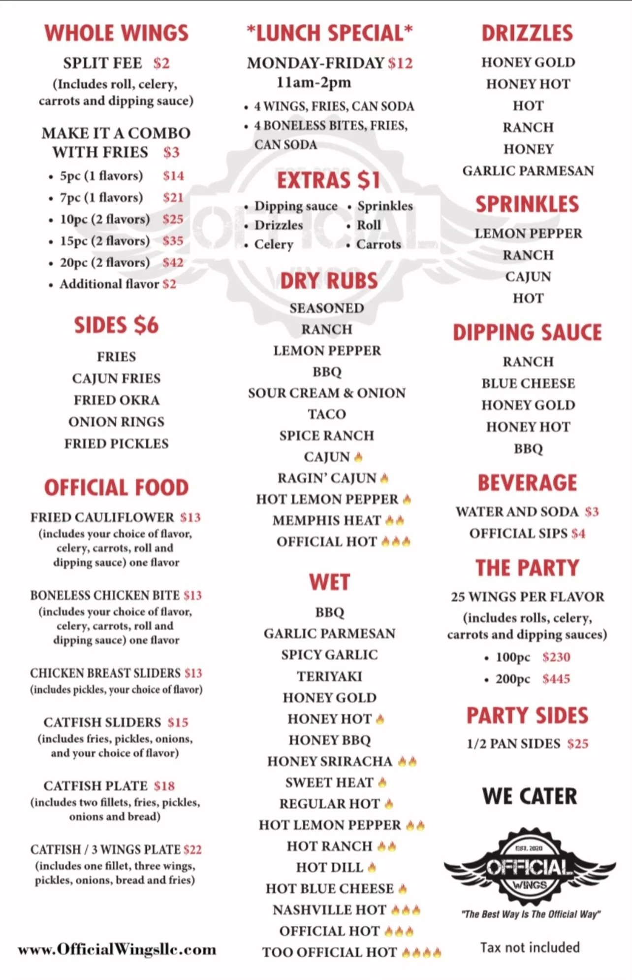 Official Wings Menu
