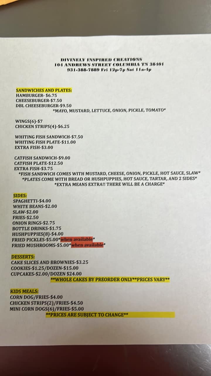 Divinely Inspired Creations Menu