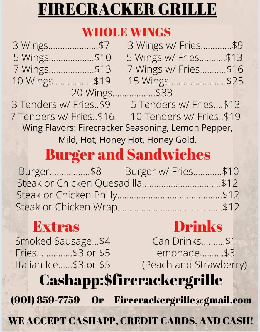 Firecracker Grille Foodtruck Menu