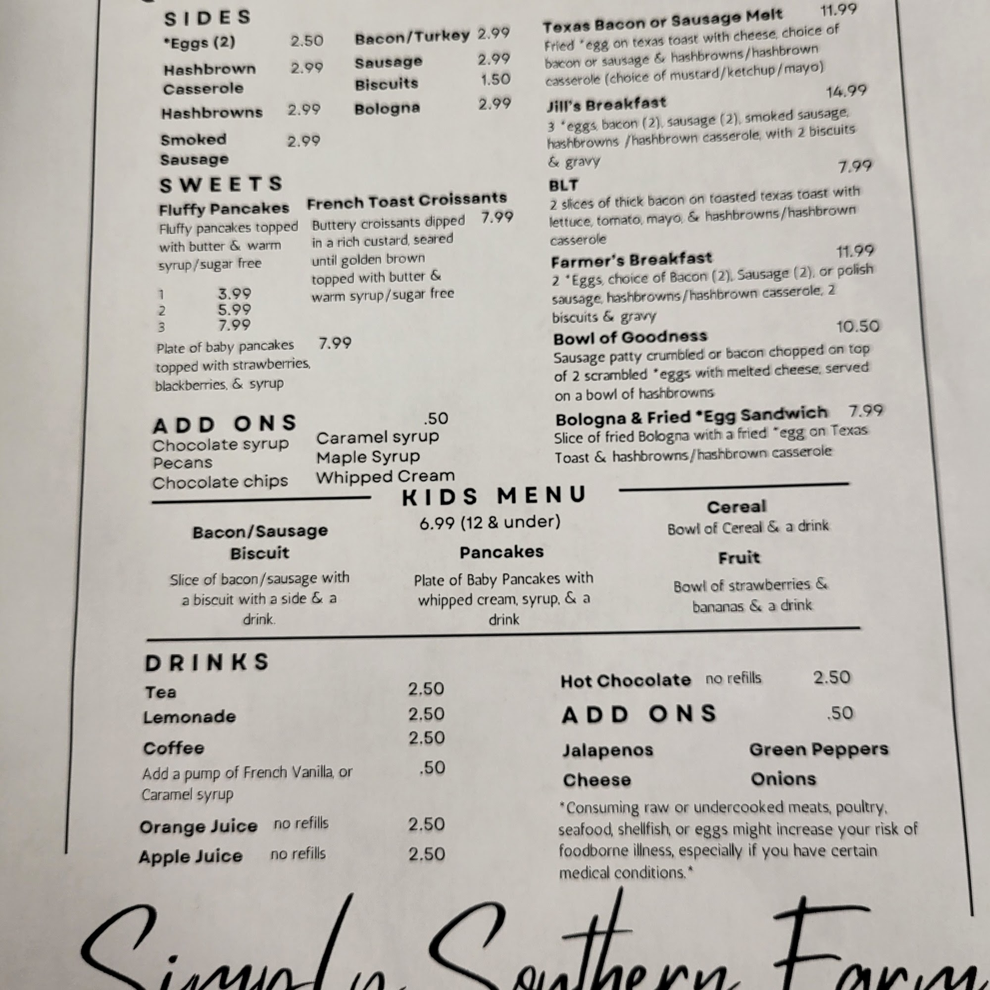 Simply Southern Farm Menu
