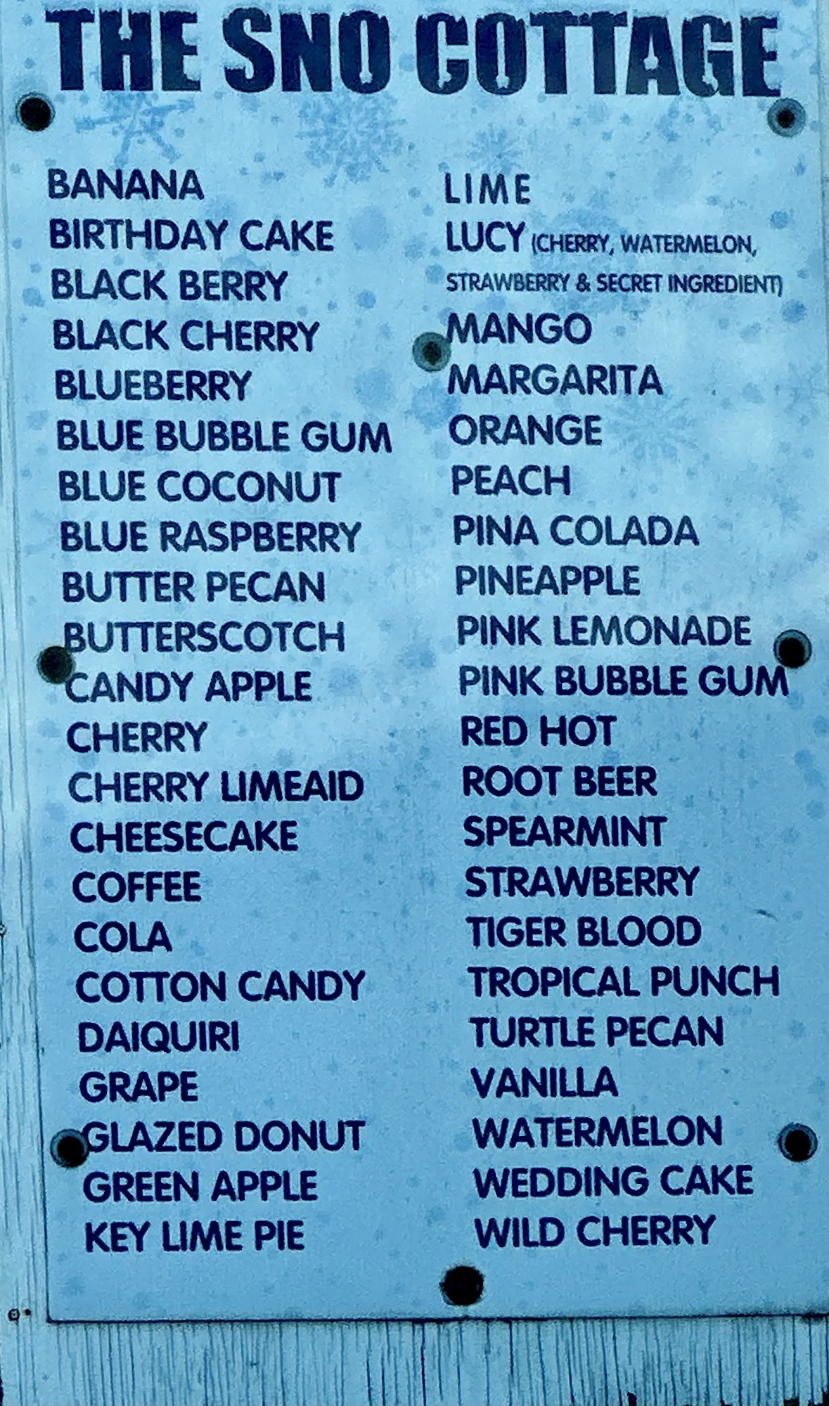 The Sno Cottage Menu