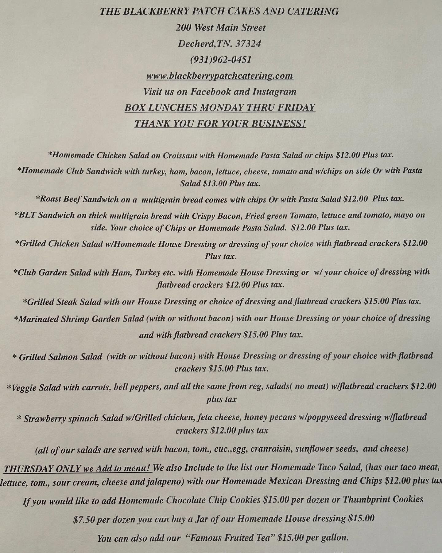 Blackberry Patch Catering Menu