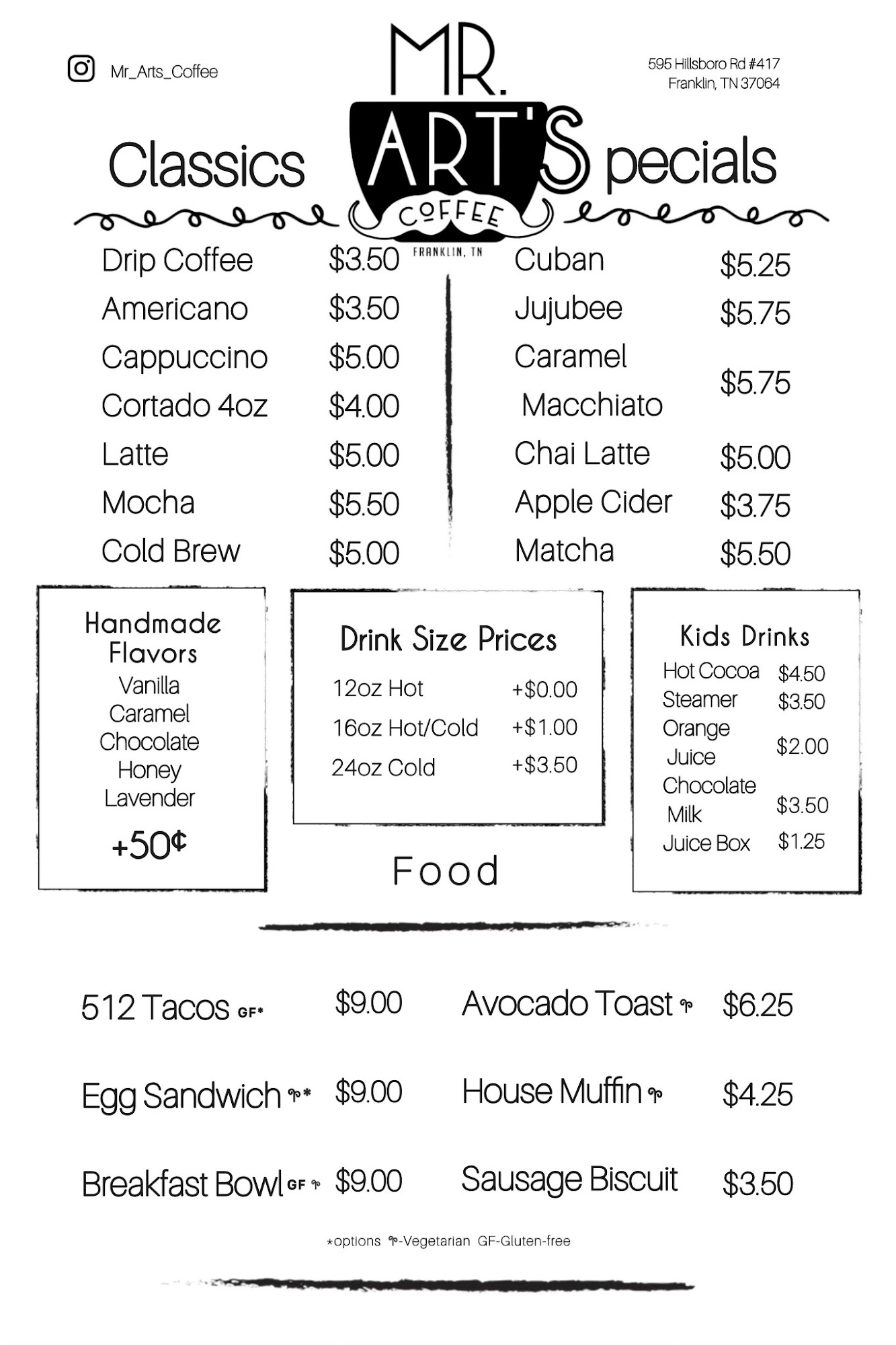 Mr. Art's Coffee House Menu