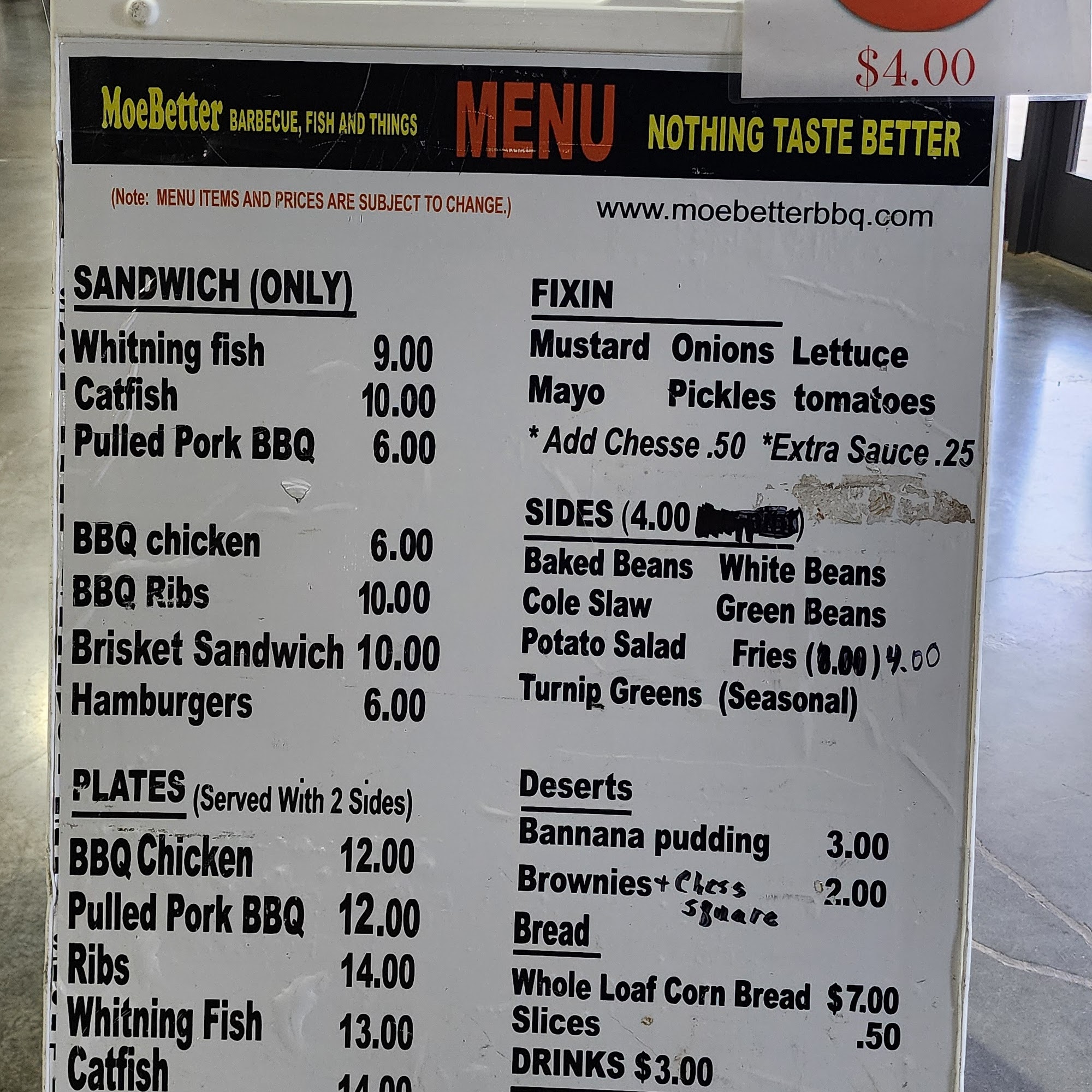 Moe Better BBQ and Fish Menu