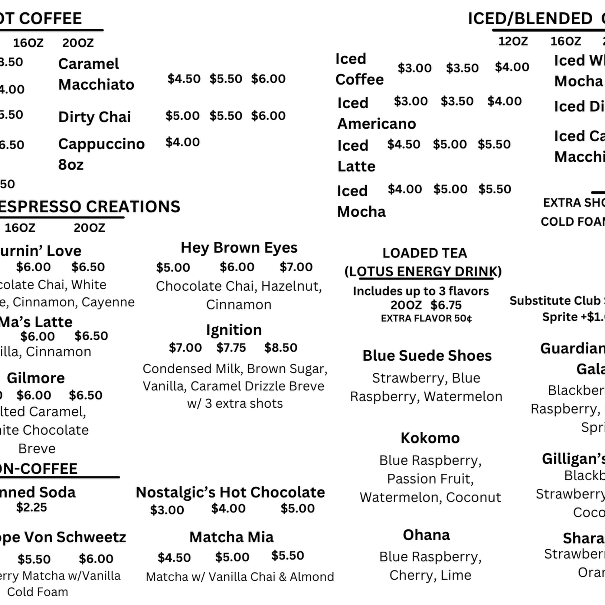 Nostalgic Coffee Cafe Menu