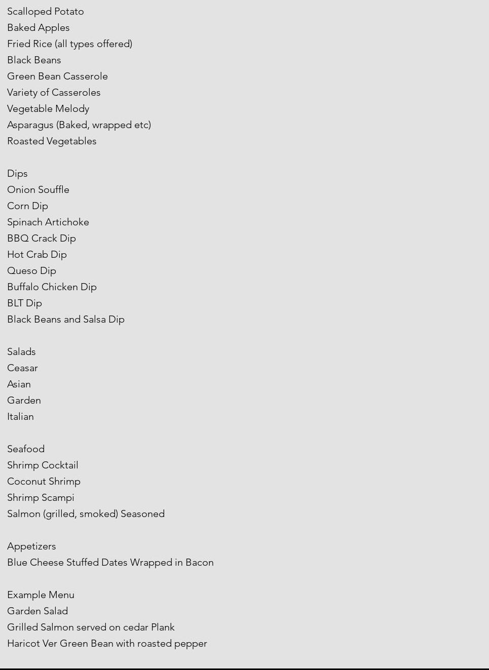 Cindy Krag Catering Menu