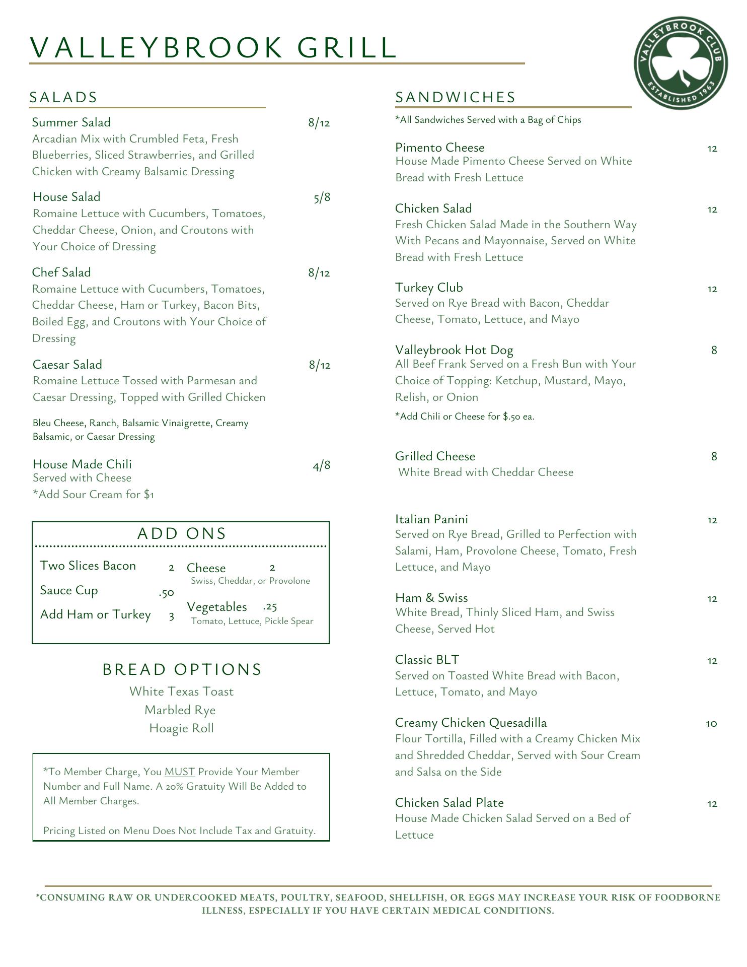 The Grill at Valleybrook Menu