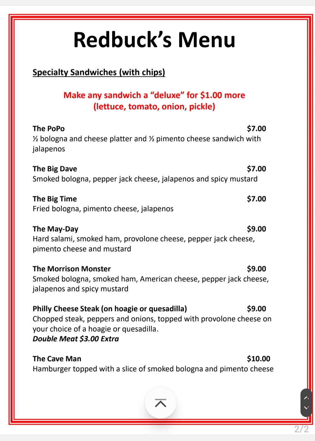 Redbucks Mercantile Menu